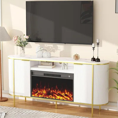 Fluted Fireplace TV Stand, White – 30" Electric Fireplace With 70" Entertainment Center, Faux Marble Top Media Console For Tvs Up To 80 | Wayfair North America