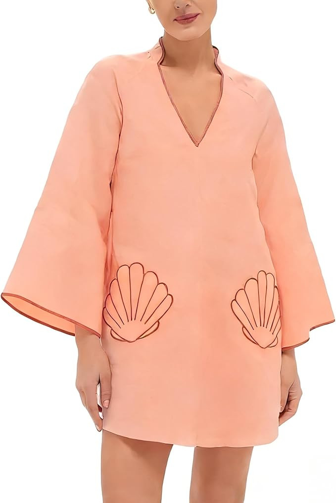 VAOYIU Women's Loose Fit V-Neck Shell Embroidery Mini Dress Casual 3/4 Sleeves Babydoll Skirts Su... | Amazon (US)