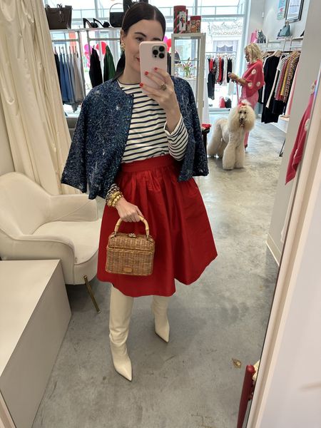My favorites from Frances Valentine ❤️ Blue sequin cardigan- runs true, I’m wearing the medium. Striped shirt- runs true, I’m wearing the small. Red skirt- runs one size big- I sized down one to the XS. White boots run a half size big. 