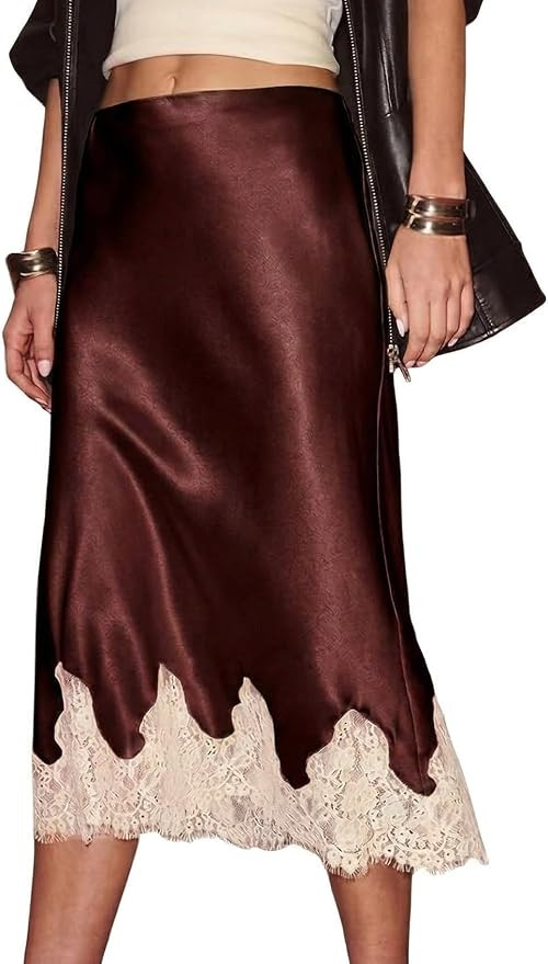 Satin Skirts for Women Silk Midi Skirt Flowy Lace Skirt | High Waist, A-Line Skirt, Cocktail Wedd... | Amazon (US)