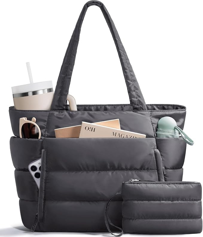Puffer Tote Bag for Women, Lightweight Puffy Work Handbag Teacher Nurse Quilted Shoulder Bag for ... | Amazon (US)