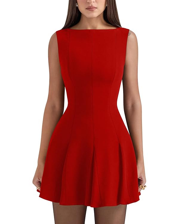 YMDUCH Women's Summer Sleeveless Boat Neck A-line Flared Hem Club Party Mini Dress | Amazon (US)