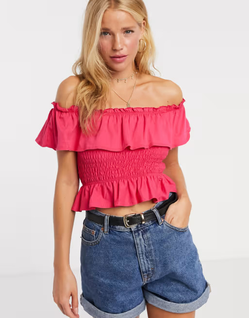 Miss Selfridge shirred top in pink | ASOS (Global)