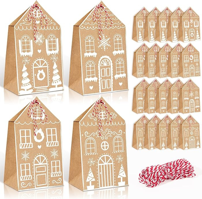 Whaline 24 Pcs Christmas Treat Bags Xmas Gingerbread House Kraft Paper Wrapping Bags Candy Cookie... | Amazon (US)