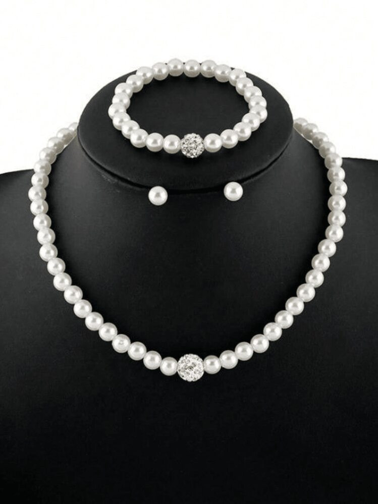 4pcs/Set Faux Pearl Beaded Necklace, Bracelet And Earrings, Elegant Pearl Jewelry Sets, Graceful Holiday Party Gift For Girls | SHEIN
