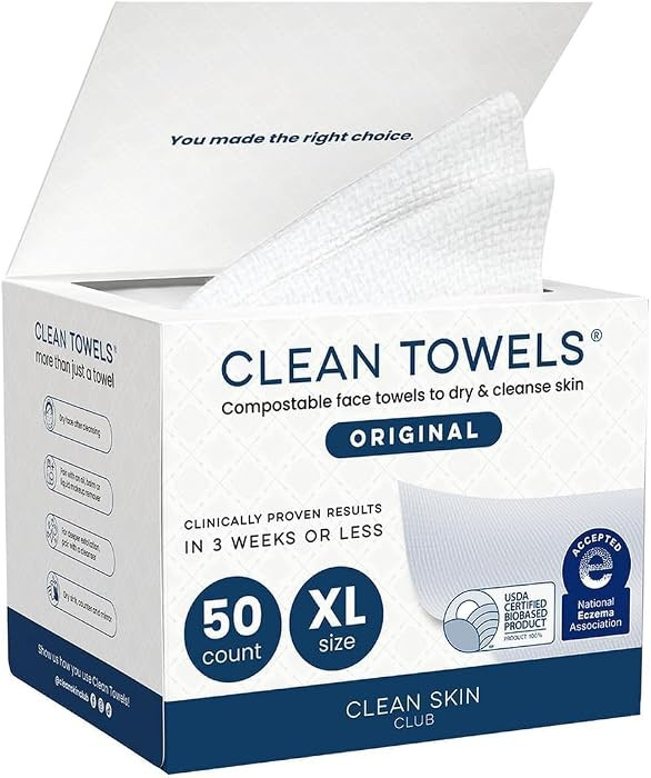 Clean Skin Club Clean Towels XL\u00ae, 100% USDA Biobased Face Towel, Disposable Face Towelette, ... | Amazon (US)