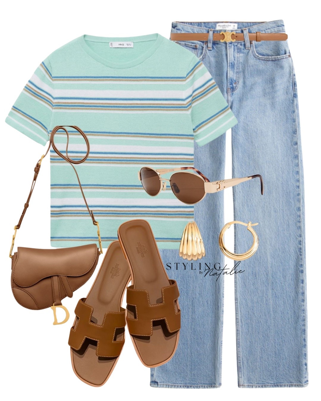 Casual summer weekend look with stripes. Stripe knit t-shirt, high waist straight leg jeans, sandals, Dior saddle bag, Celine sunglasses & gold hoops. Summer outfit, casual chic, turquoise, ootd.

#LTKeurope #LTKuk #LTKsummer