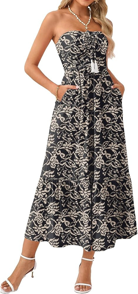 GRACE KARIN Strapless Floral Maxi Dress,Summer Casual Tube Top Boho Dresses,Beach Smocked Flowy D... | Amazon (US)