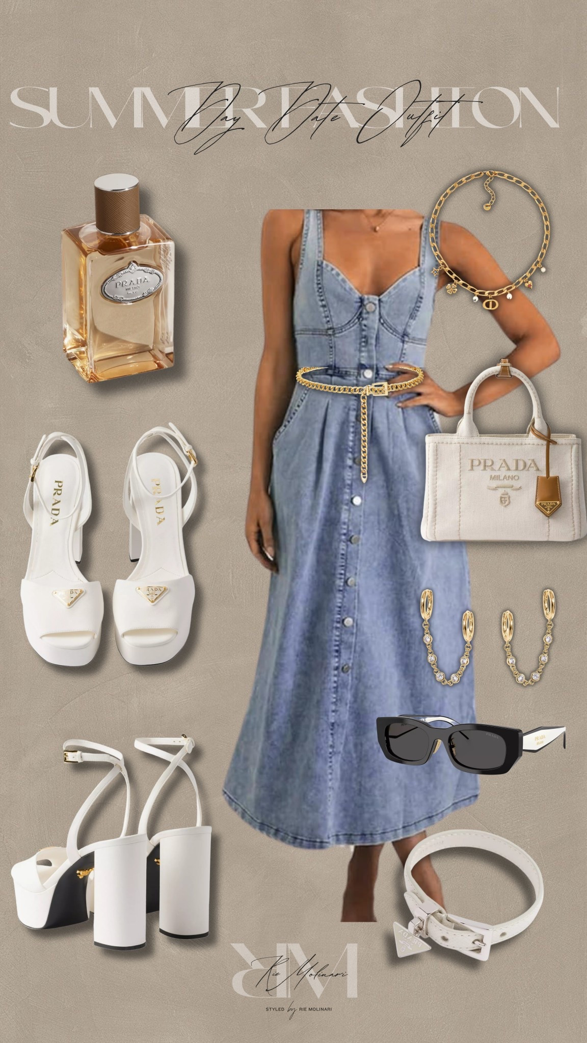 Day Date Outfit Inspo! Love the denim dress paired with stunning Prada heels. Gives all the summer vibes! ✨🤍

tags: gold jewelry, perfume, Prada bag, Prada heels, day date, weekend fashion, summer fashion, neutral aesthetic, sunglasses 

#LTKSeasonal #LTKShoeCrush #LTKStyleTip