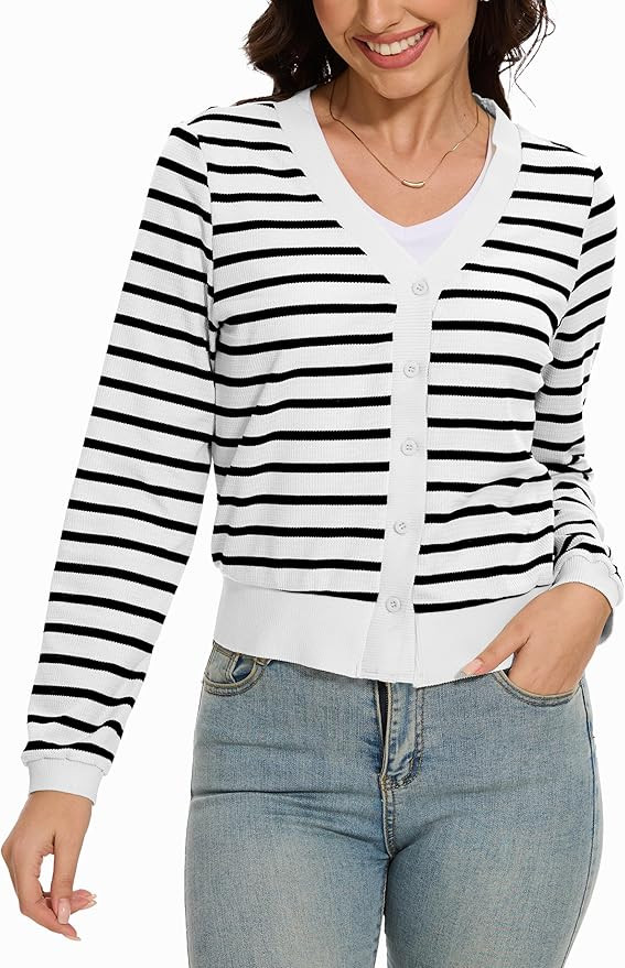 Women's Cropped Cardigan Sweaters 2024 Lightweight Long Sleeve Knit Striped Cardigan Fall Outfits... | Amazon (US)