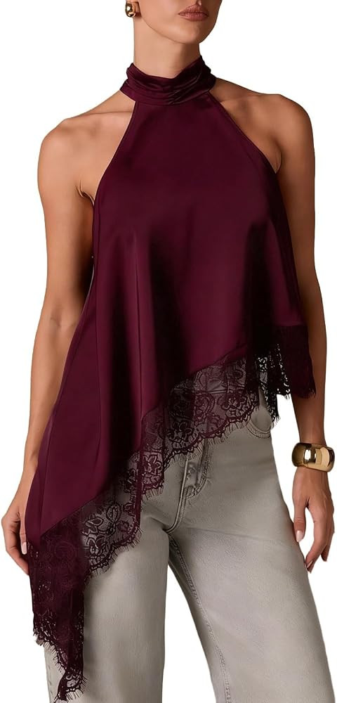 EVALESS Halter Tops for Women Lace Asymmetrical Going Out Satin Tank Top | Amazon (US)