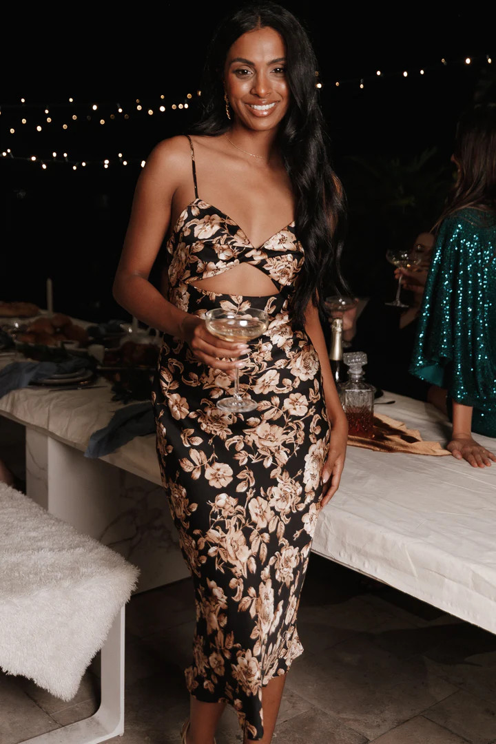 Saga Cut Out Midi Dress - Black Floral | Petal & Pup (US)