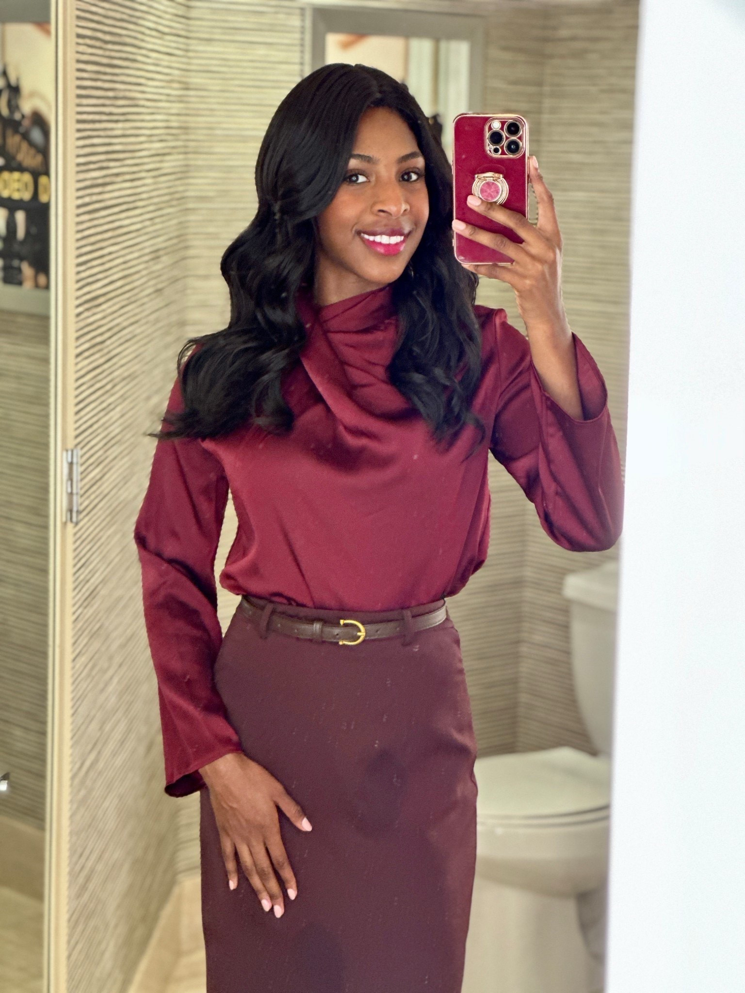 An outfit that’ll have you feeling so classy. Perfect for a professional day or dinner. 

Use my code: nessainstyle_12 for 12 % off sitewide!

https://thecommense.com/

Wearing size small (5’9”) 

Plz ignore the water marks from my iron lol
.
.
.
.
 maroon outfit, silk maroon top, satin straight neck top, maroon skirt outfit, high waisted skirt, professional outfit, elegant workwear, classy office outfit, business casual style, polished work outfit, corporate style, fall workwear outfit, monochrome outfit, sophisticated style, satin blouse outfit, chic dinner outfit, evening outfit idea, classy fall outfit, feminine work outfit, elevated basics, timeless style, skirt and top outfit