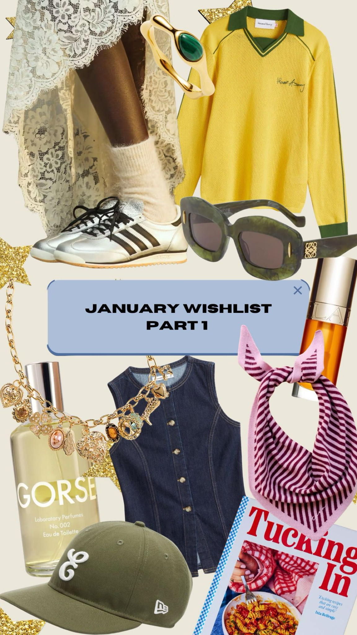 January Wishlist Part 1. Sunglasses, sports jersey, denim top, perfume, silver sneakers, big sunglasses, charm necklace 

#LTKFashionMonth #LTKuk #LTKgiftguide