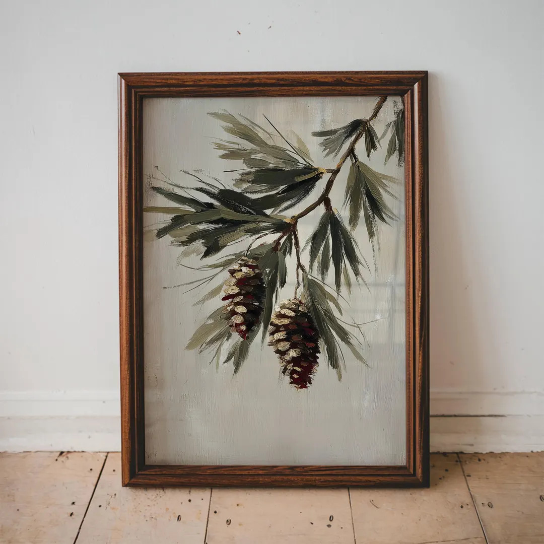 Rustic Pinecone Wall Art Print Winter Botanical Branch Painting Vintage Christmas Decor Woodland ... | Etsy (US)
