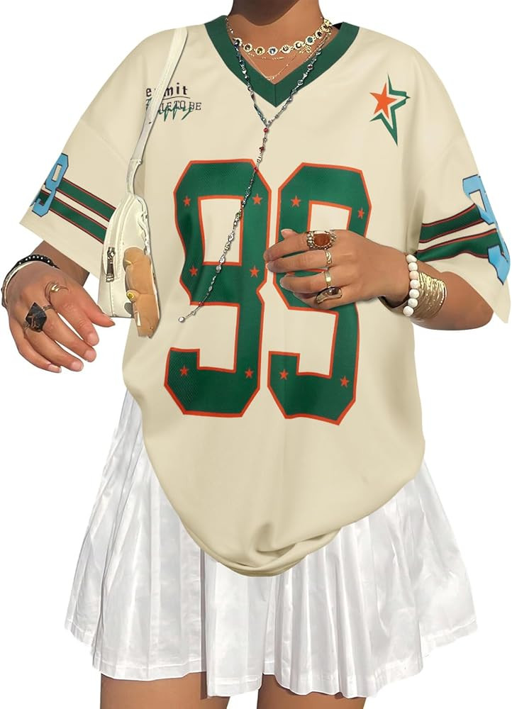 Oversized Y2k Jersey Shirts for Women V Neck Number Graphic Tees Streetwear Short Sleeves Top Vin... | Amazon (US)