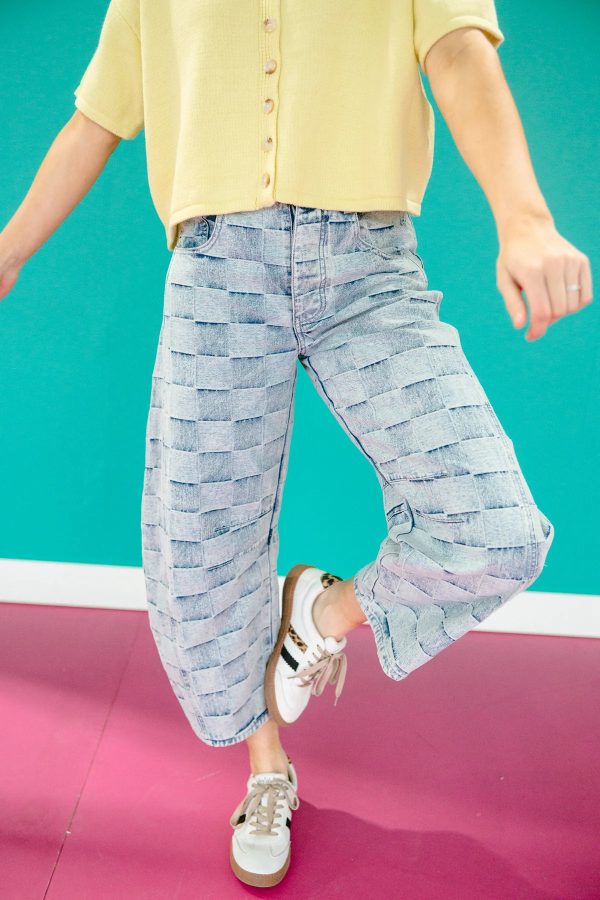 Matilda Checker Print Barrel Jeans - Cool Wash | MyEllement Boutique