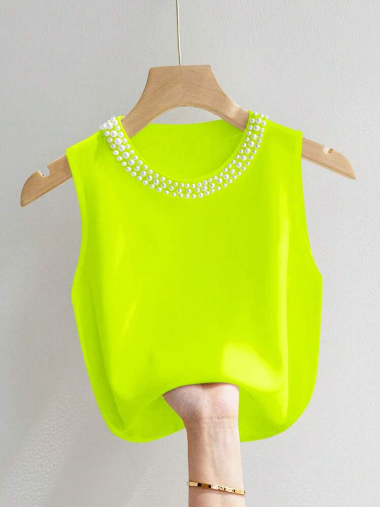 INAWLY Women's Solid Color Faux Pearl Decor Crew Neck Casual Tank Top | SHEIN