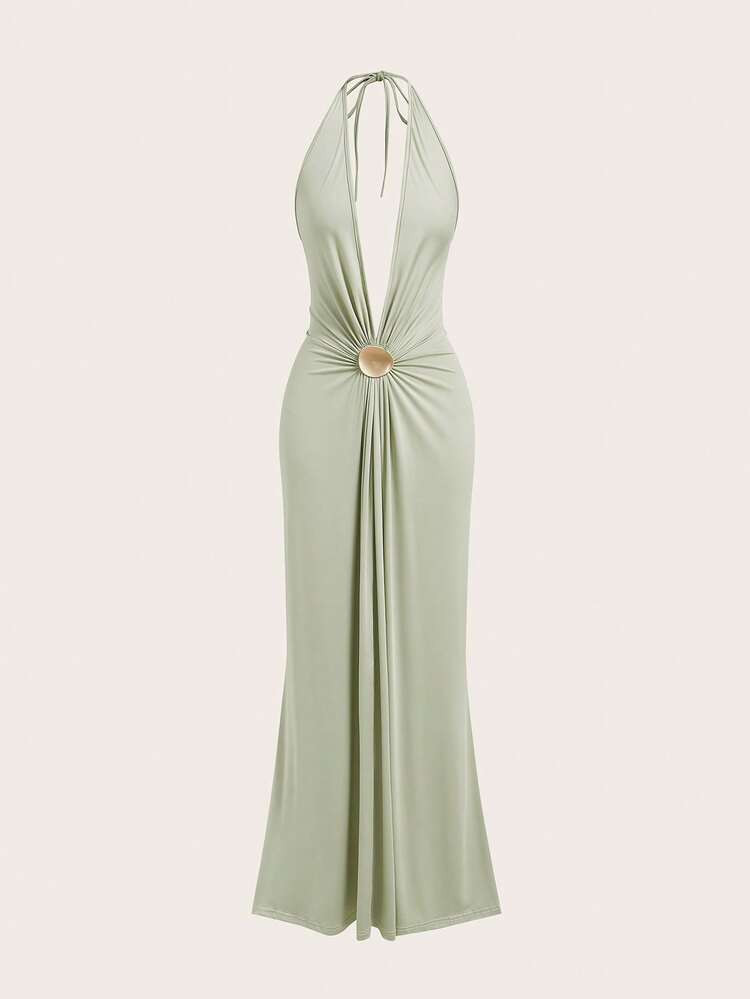 Opulessa Sage Green Summer Chic Vacation Long Knitted Cowlneck Backless Fitted Dress For Women,Bo... | SHEIN