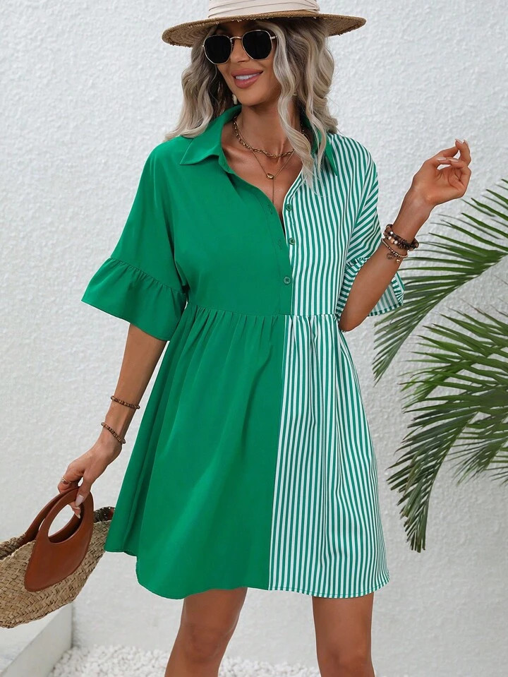 SHEIN Unity Striped Print Flounce Sleeve Shirt Dress | SHEIN