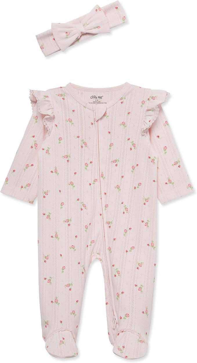 Little Me Baby Girls 100% Cotton Footie and Headband Set, Preemie - 9 Month | Amazon (US)