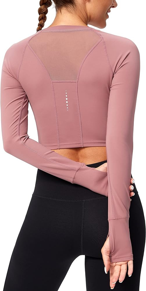 SANTINY Women's Long Sleeve Crop Workout Tops Slim Fit Gym Yoga Running Shirts for Women | Amazon (US)