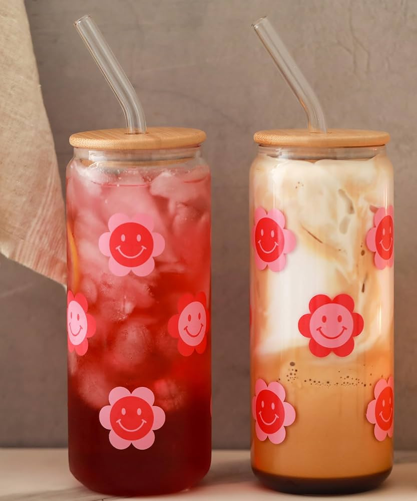 20oz Glass Cups with Bamboo Lids and Glass Straws Set of 2 - Can Shaped Drinking Glasses, Cute Ic... | Amazon (US)