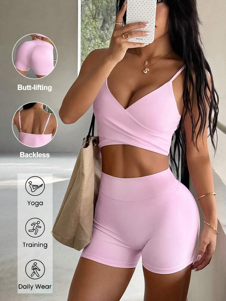 Aoqta Sports Women's Two Pieces Spring/Summer Casual Solid Color Sleeved Sexy Cross Halter Vest And Slim High Waisted Shorts Suit For Gym Fitness Running Yoga Pilates | SHEIN