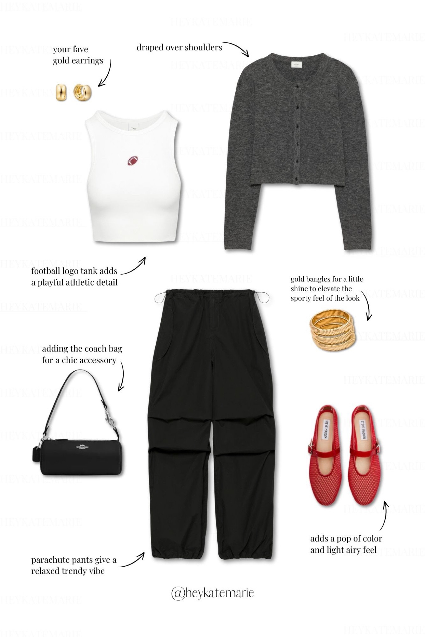 Casual Game Day Outfit ft. White Football Tank Top, a grey cardigan from Aritzia and black parachute pants for a sporty feel. As for accessories I paired gold simple earrings with statement gold bangles. A coach black mini purse and red mesh ballet flats from Steve Madden 


#gamedayoutfit #tailgateoutfit #gamedaystyle #footballoutfit


#LTKU #LTKStyleTip #LTKFindsUnder50

#LTKFindsUnder100 #LTKShoeCrush #LTKBacktoSchool