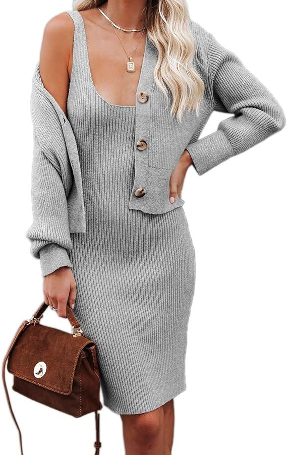 Womens Sexy Scoop Neck Sleeveless Bodycon Dress and Sweater Cardigan Ribbed Knit 2 Piece Sweater ... | Amazon (US)