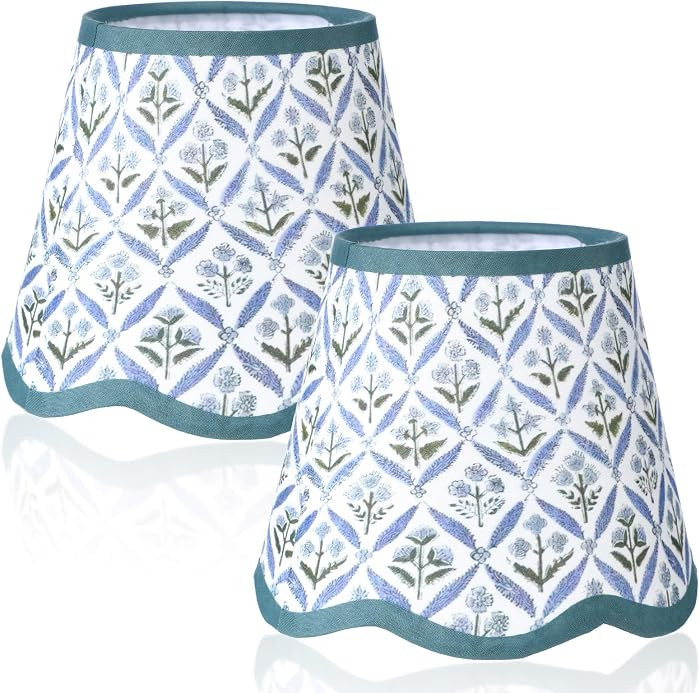 Fumete 2 Pcs Small Apatite Blue Scallop Block Print Lamp Shade 4 x 6 x 5 in | Amazon (US)