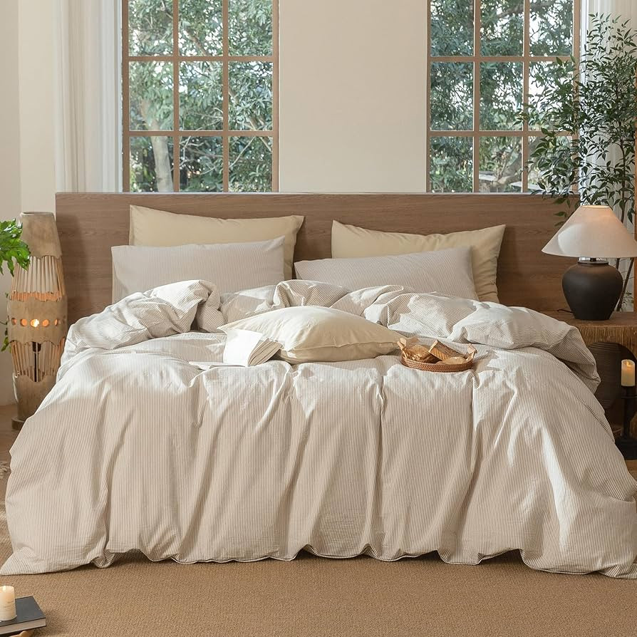 MooMee Striped Duvet Cover Set 100% Washed Cotton Linen Like Textured Breathable Durable Soft Com... | Amazon (US)