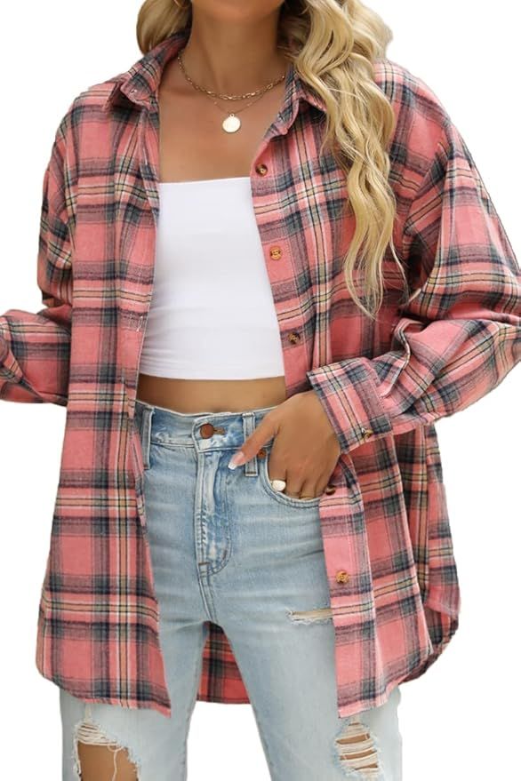 CHYRII Womens Button Down Flannel Shirts Long Sleeve Plaid Shackets Business Casual Blouse Top | Amazon (US)