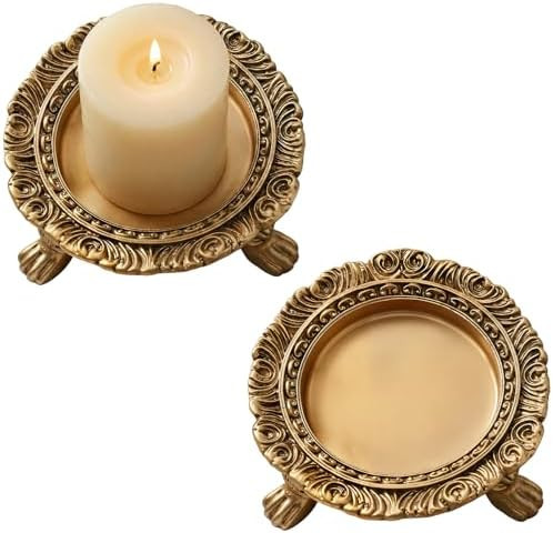 2 Pack Brass Color Candle Holder Pedestal Dish Stand Gold Vintage Tray Clawfoot Plate Decor for J... | Amazon (US)