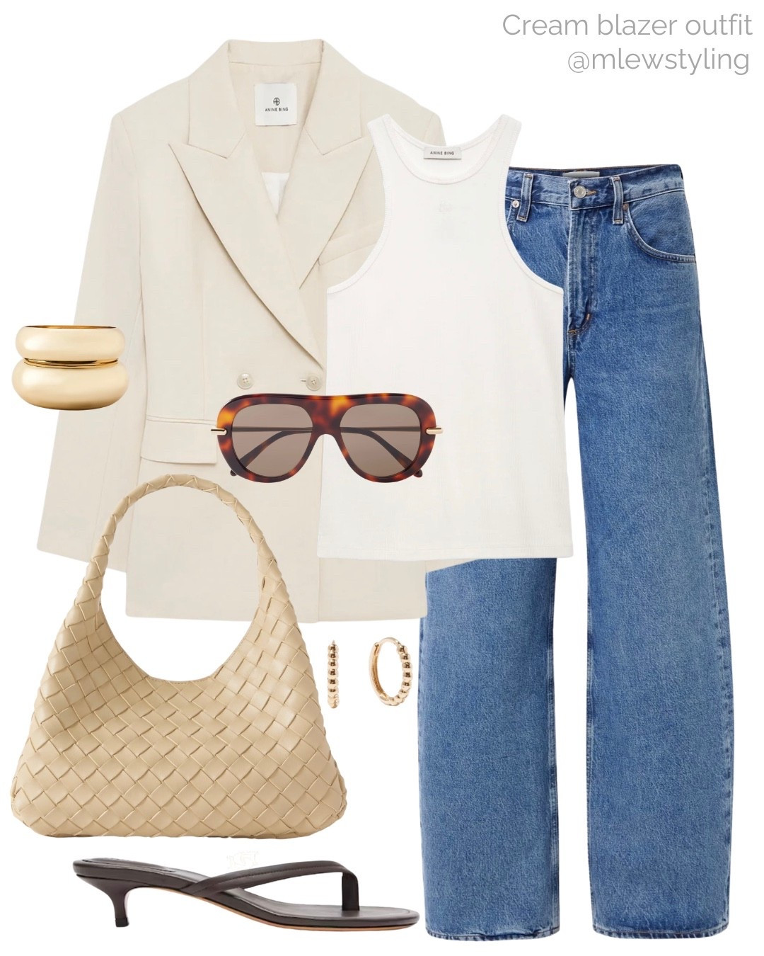 Elevated spring outfit with a cream blazer 🤍

Tags: anine bing blazer, agolde wide leg jeans, white tank, bottega veneta woven bag, aviator sunglasses, hoop earrings, Mother’s Day outfit, kitten heel sandals 

#LTKMothersDay #LTKWorkwear #LTKootd