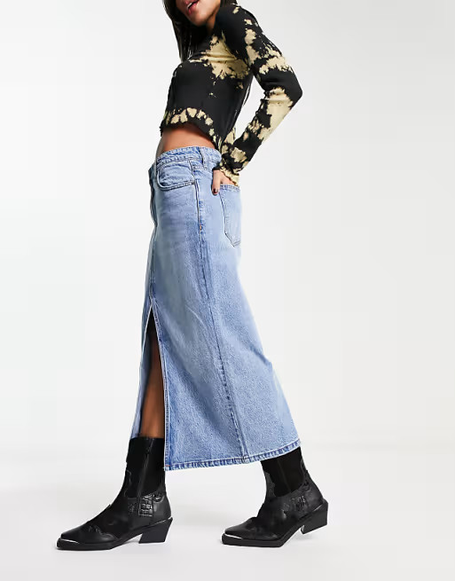 Free People Calabasas denim midi skirt in blue | ASOS (Global)