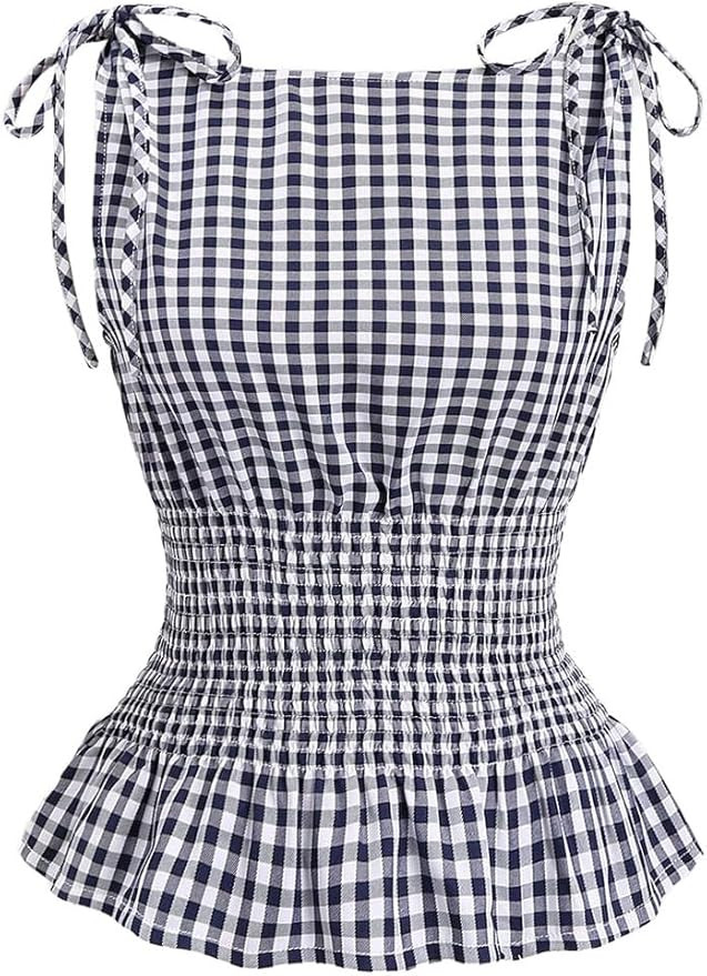 Women's Gingham Tie Shoulder Tank Tops Sleeveless Shirred Ruffle Hem Shirts | Amazon (US)