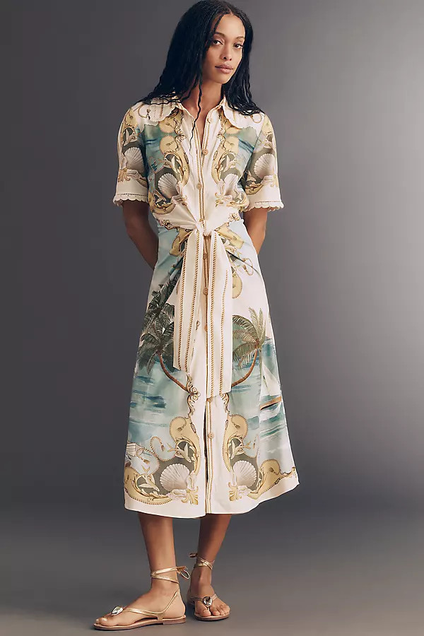 Farm Rio Royal Sea Gathered-Waist Midi Dress | Anthropologie (US)