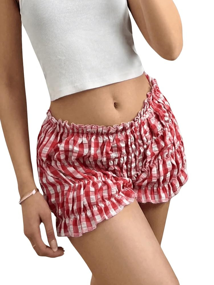 Women's Plaid Low Rise Checkered Bloomer Y2k Mini Ruffle Micro Boxer Shorts | Amazon (US)
