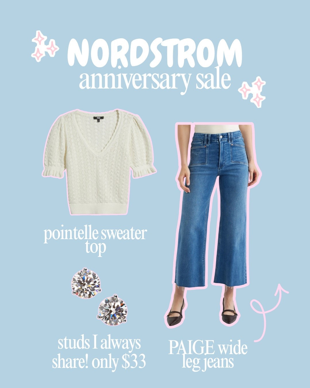 The Nordstrom Anniversary Sale is so good for everyday staples, and these pieces are standouts! 🤍 The pointelle sweater top, Paige wide leg jeans, and the studs I always share are such easy, wearable finds to mix into your wardrobe.

Nordstrom Anniversary Sale
everyday staples
Paige wide leg jeans
stud earrings
elevated casual outfit
denim finds
Nordstrom sale finds 

 #LTKootd #LTKSeasonal #LTKSaleAlert