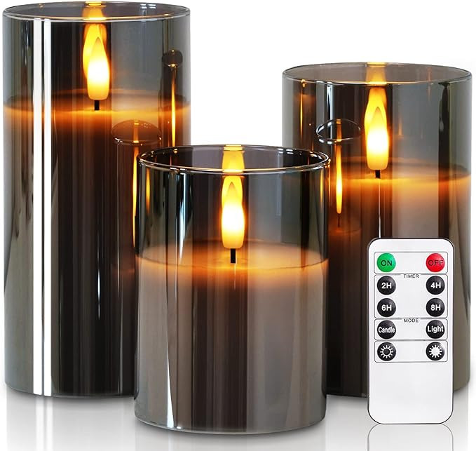 Homemory Grey Glass Flameless Candles, Battery Operated LED Pillar Candles with Remote Control an... | Amazon (US)