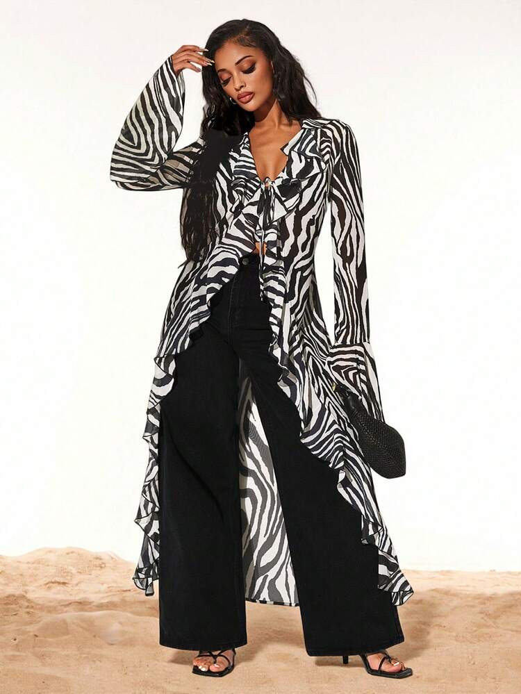 Radiana Women's Sexy Fashionable Zebra Print Chiffon Long Cardigan, Flowing Chiffon Blouse, Ruffl... | SHEIN