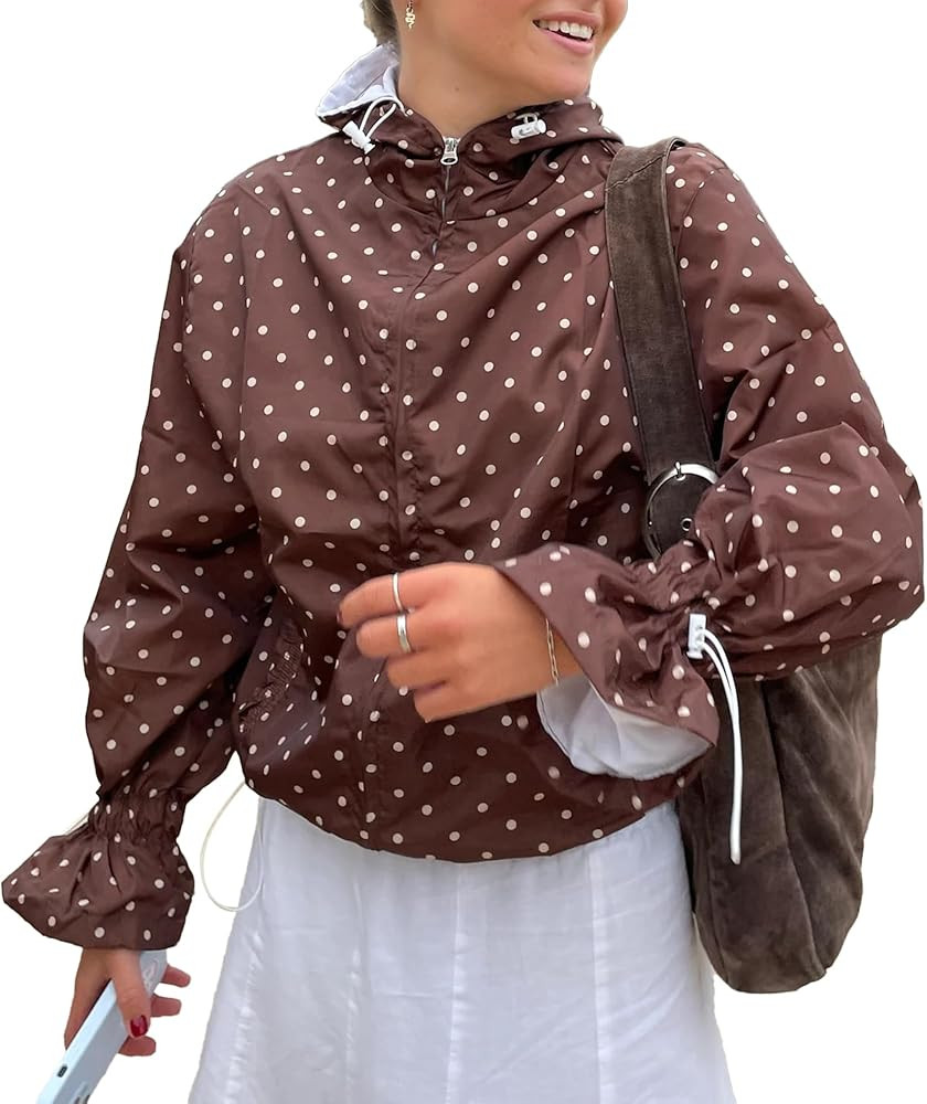Songling Women Lightweight Drawstring Jacket Polka Dot Coat Zip Up Cropped Casual Hoodie with Poc... | Amazon (US)
