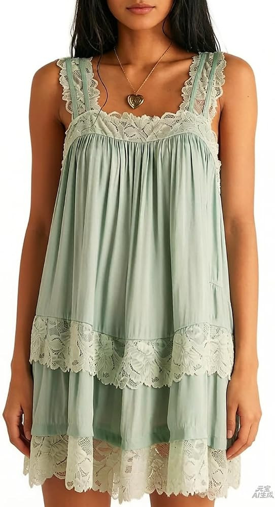 Y2k Ruffle Mini Slip Dress for Women Boho Sleeveless Lace Trim Babydoll Dress Square Neck Tiered ... | Amazon (US)