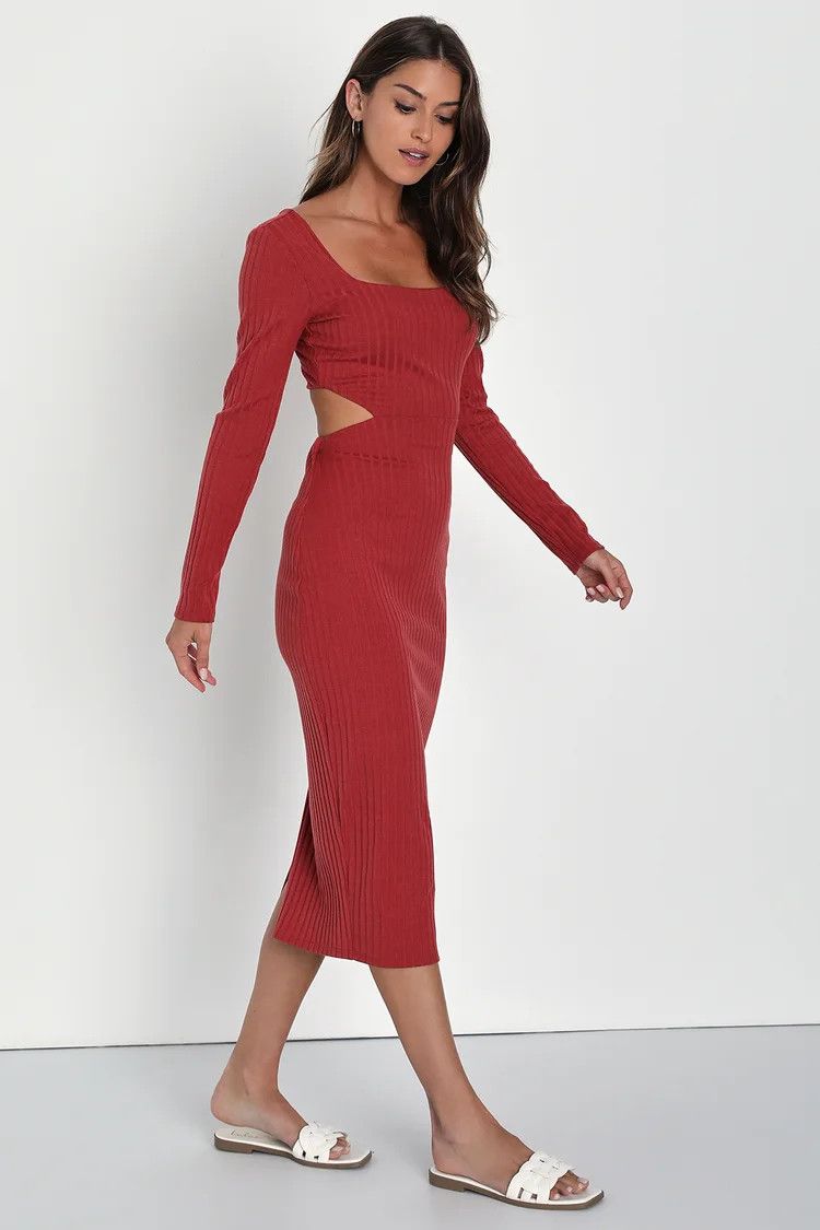 Rust Ribbed Knit Cutout Bodycon Midi Dress | Beach Vacation Dress | Rust Vacation Dress | Lulus (US)