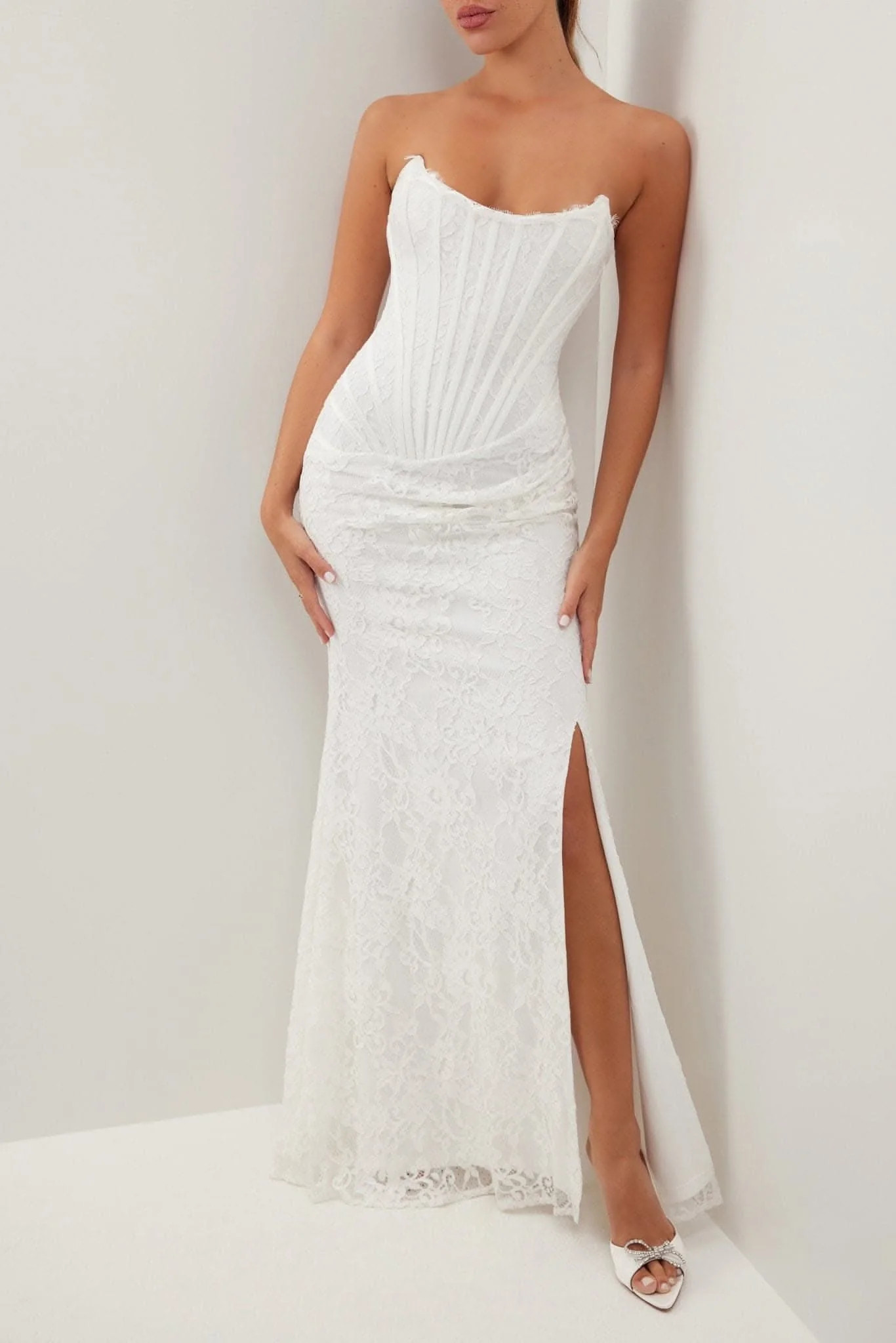 White strapless lace corset maxi dress | Heiress Beverly Hills