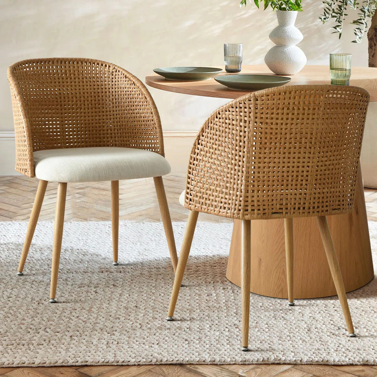 Donoho 19" Seat Height Linen Upholstered Rattan Backrest Dining Chairs with Arm (Set of 2) | Wayfair North America