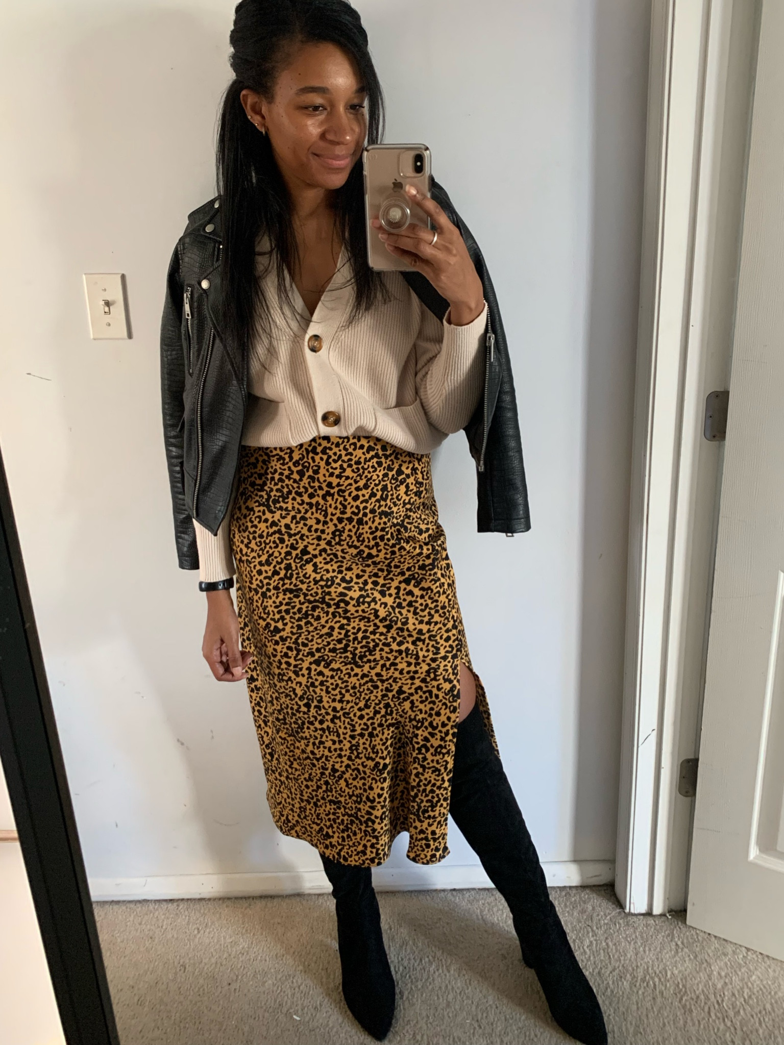 Your solution to wearing skirts in the winter… tall boots 

I’m 5’8” size 4-All items true to size
Cardigan- small
Skirt- small
Faux leather Jacket- small
Boots- 10

#LTKSeasonal #LTKstyletip #LTKunder100