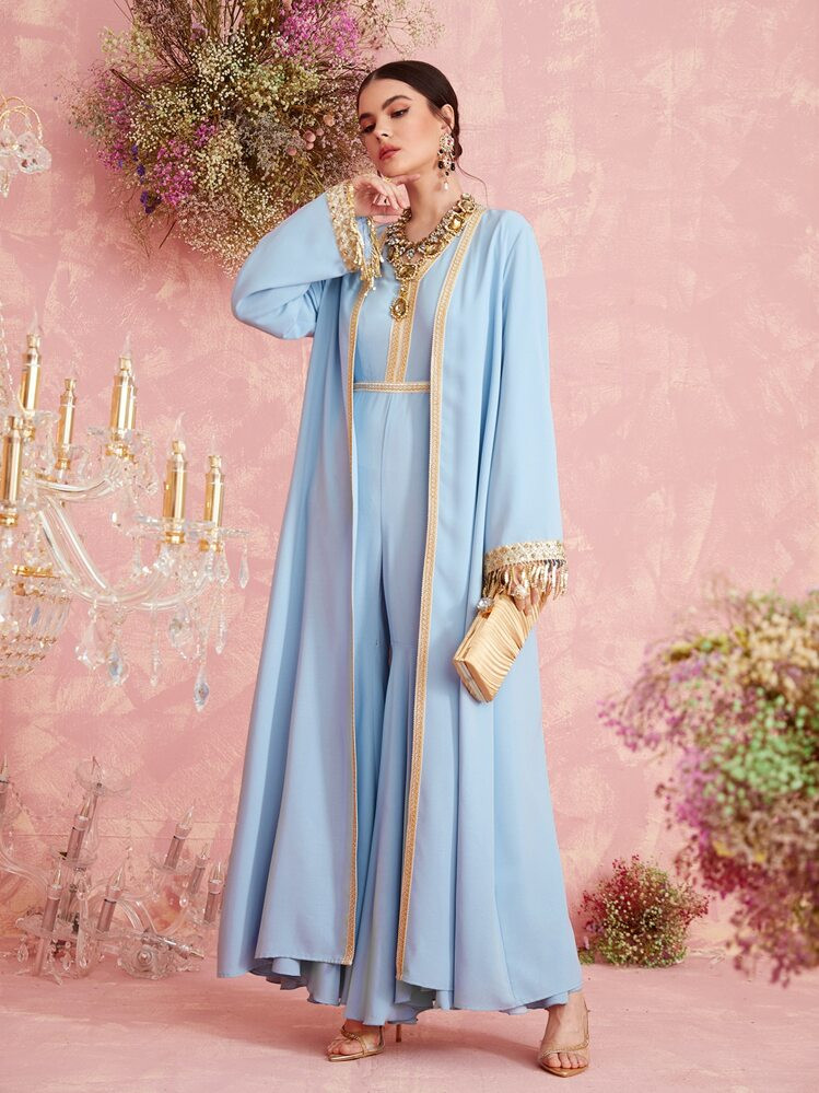 Al Najma Open Front Contrast Sequin Modest Long Sleeve Arabian Abaya | SHEIN