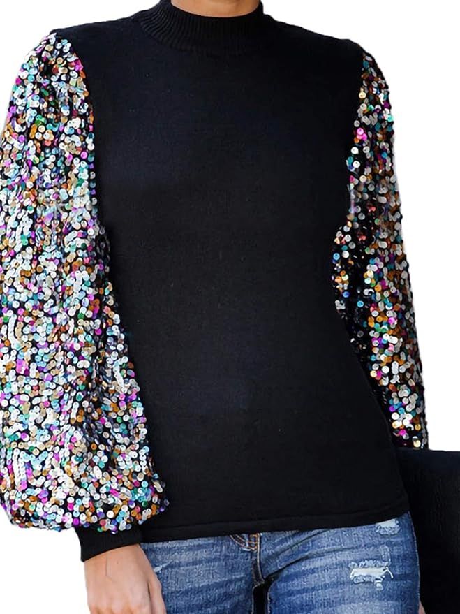 Anna-Kaci Women's Confetti Sequin Balloon Long Sleeve Mock Neck Pullover Sweatshirt | Amazon (US)